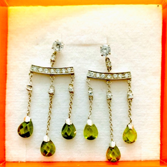 Sterling silver dangle ear rings light green gem stones zircon stones - Picture 2 of 5